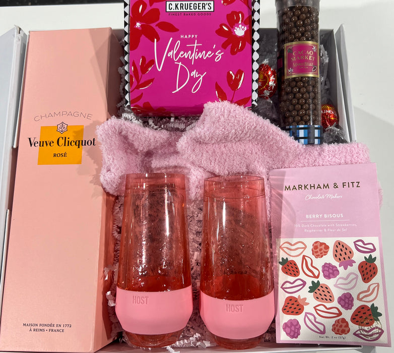 Valentine's Day Gift box filled with cookies, artisan chocolates, fuzzy socks and 2 cooling glasses.