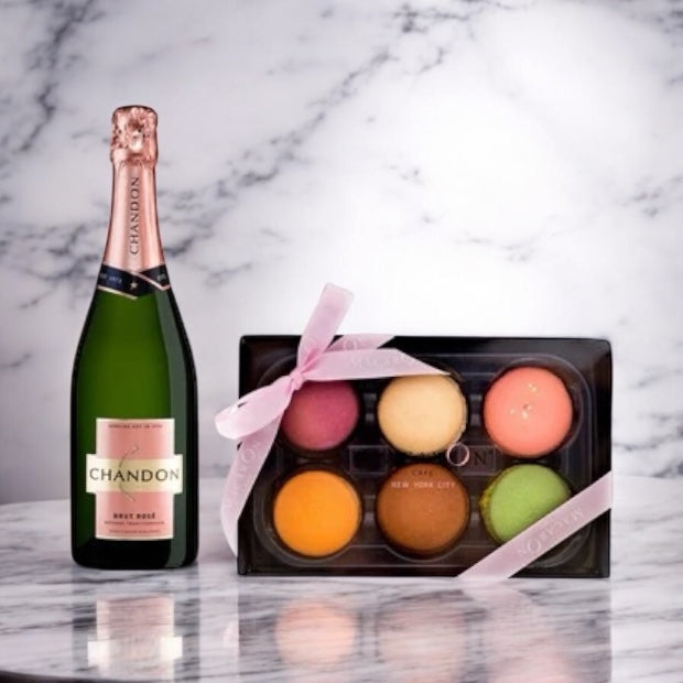 Gift box containing Chandon Rose Sparkling Wine and 6pc pastel macarons.