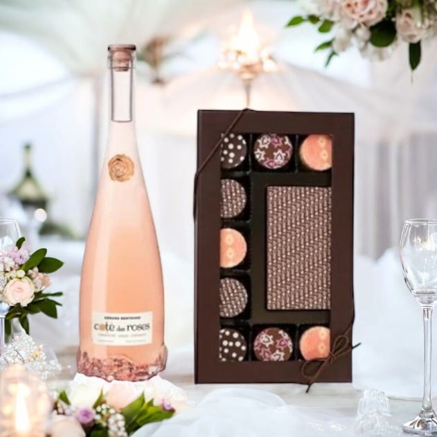 Gift box contains I Do Truffles with a bottle of Cote de Roses