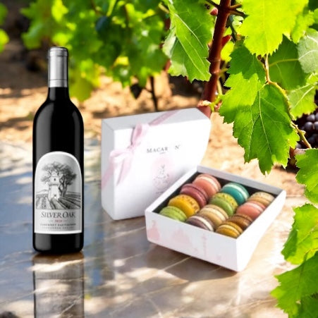 Gift box containing Silver Oak Wine with 12pc pastel gluten free macarons.