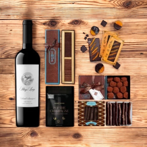 Gift box filled with Stag's Leap Cabernet Sauvignon, artisan chocolates and popcorn.