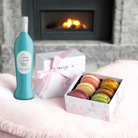 Gift box includes Pinot Grigio Sparkling Wine and 6pc pastel macarons.