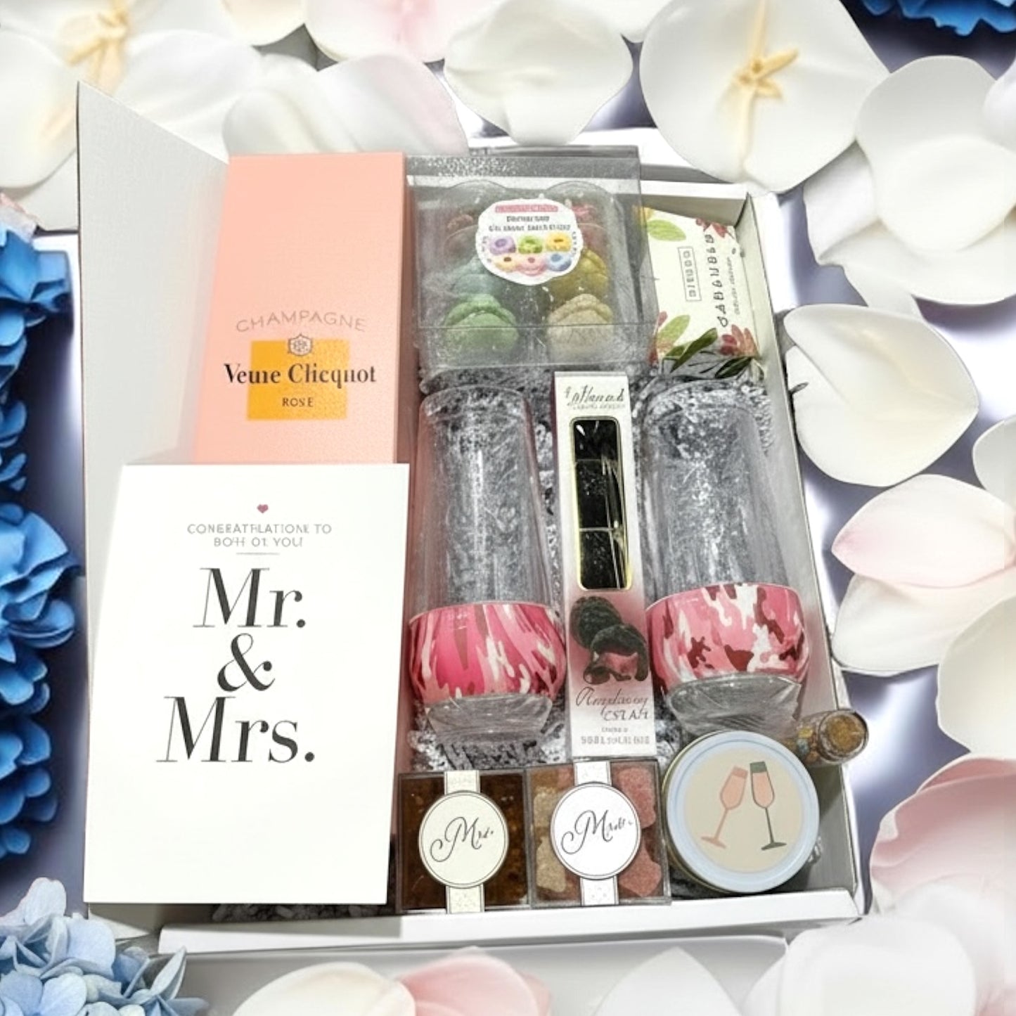 Gift set with champagne flutes, 'Mr. & Mrs.' card, and decorative items on a floral background