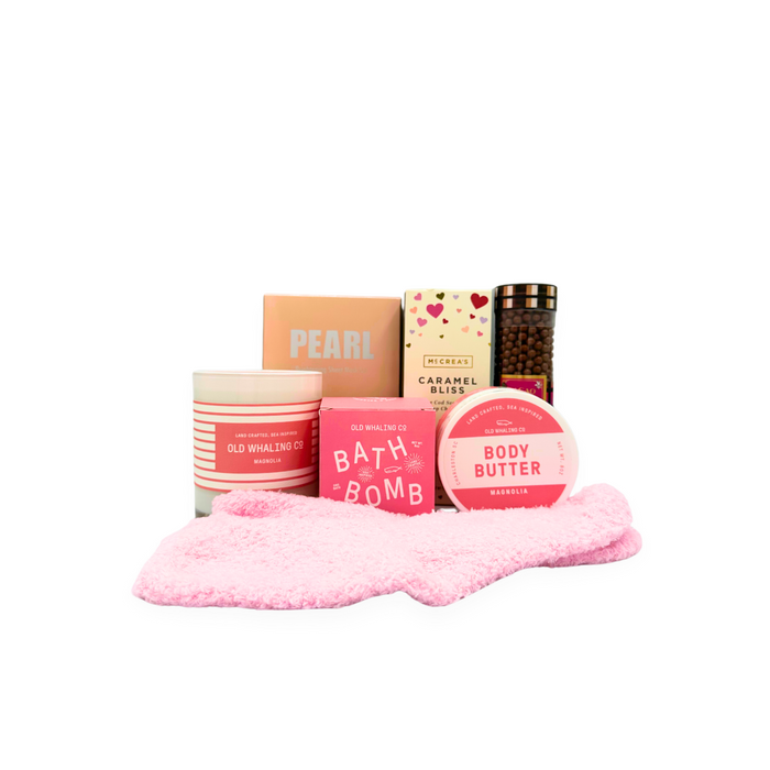 Valentine's Day Gift box filled with bath products, socks, caramels and chocolates.