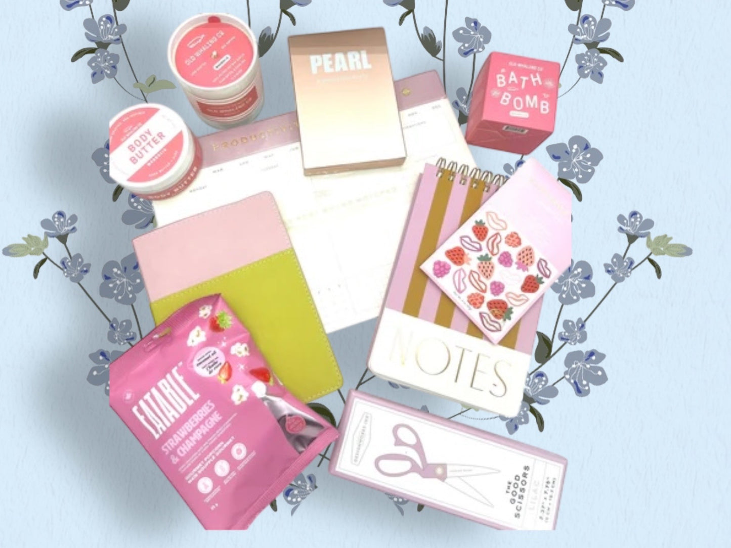 Gift box containing assorted snacks, bath products and office supplies.