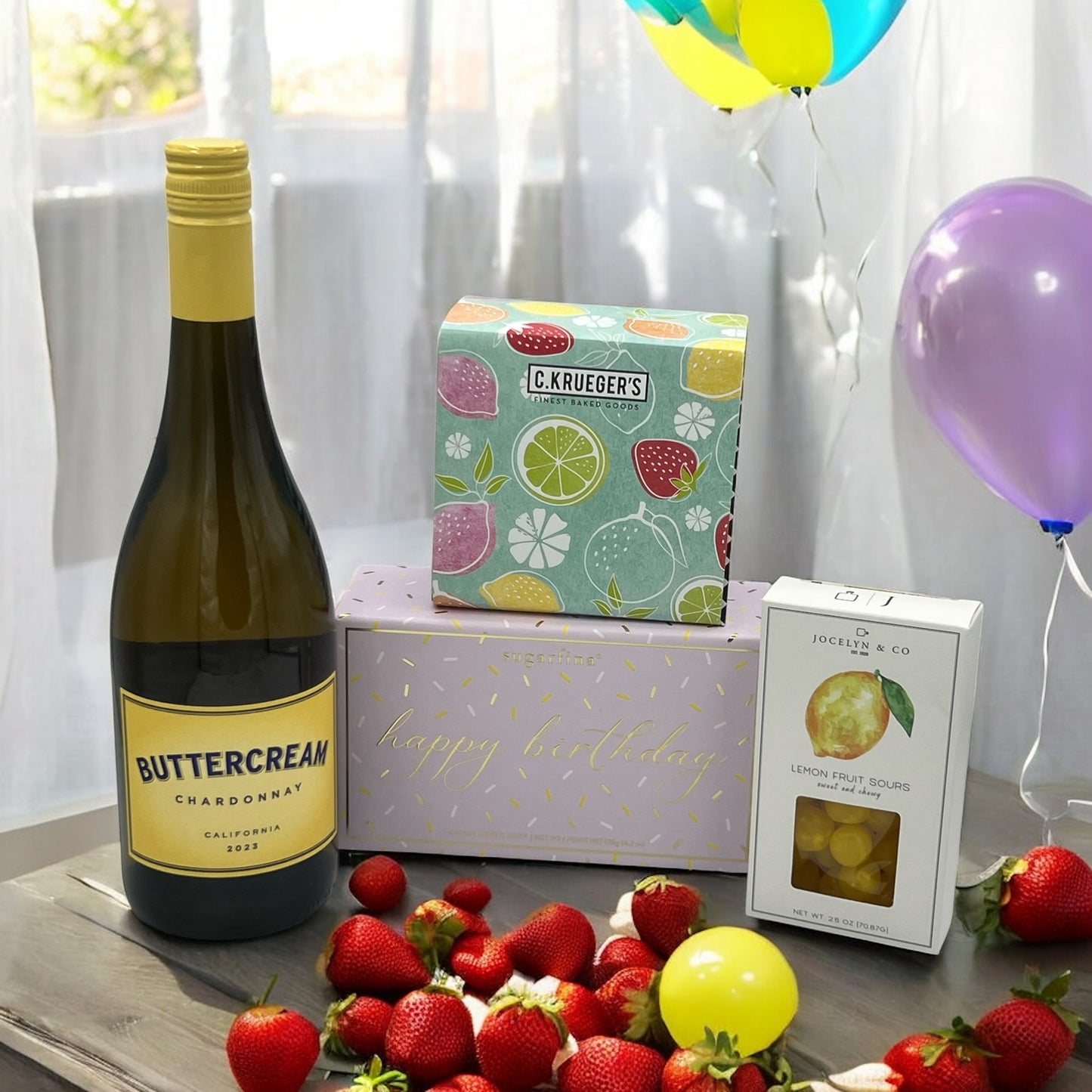 Buttercream Chardonnay w/Happy Birthday Candies & Cookies