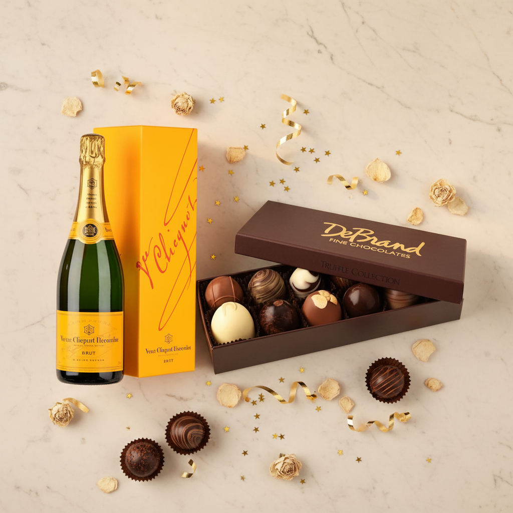 A luxury gift set featuring a bottle of Veuve Clicquot Brut Champagne and a matching yellow box next to an open box of DeBrand Fine Chocolates on a light marble background with gold confetti.