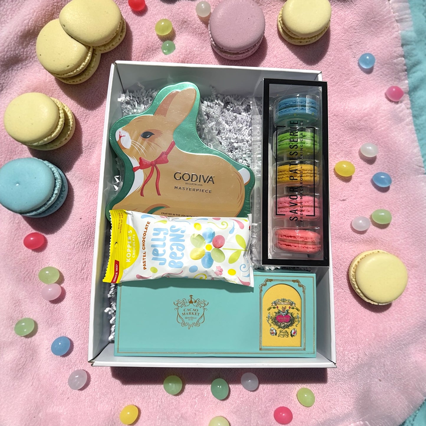 Godiva Easter chocolates, macarons & candies in gift box.