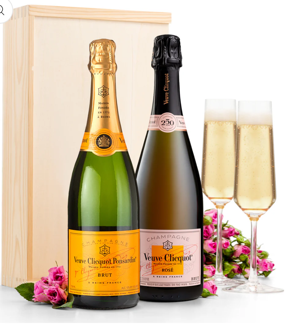 Gift crate includes a bottle of each Veuve Clicquot Brut and Veuve Rose.