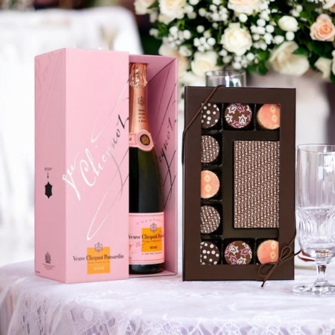 Gift box containing Veuve Clicquot Rose with I Do truffles