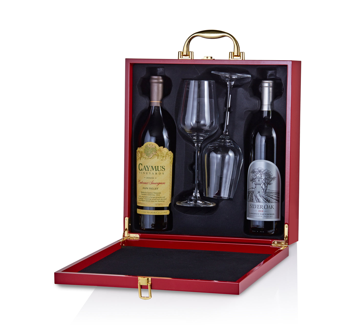 Elegant wine colored case with Caymus Cabernet Sauvignon and Silver Oak Cabernet.