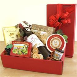 Merlot Gift Box with assorted salty & savory snacks.