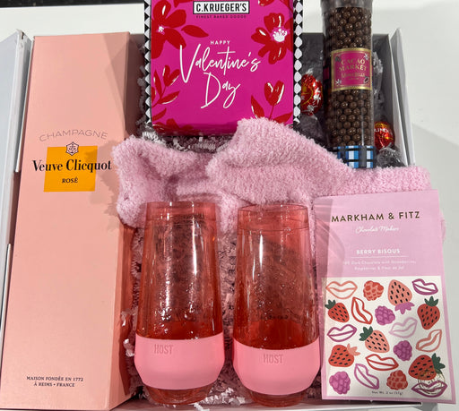 Valentine's Day Gift box filled with cookies, artisan chocolates, fuzzy socks and 2 cooling glasses.