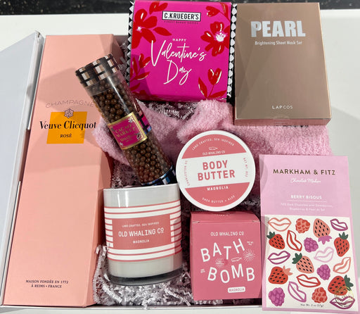 Valentine's Day Gift box filled with bath products, cookies, artisan chocolates and fuzzy socks.