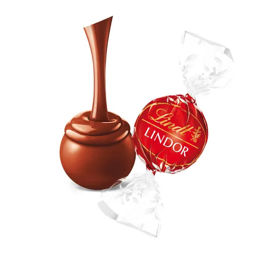 Chocolate truffle with a Lindt Lindor label on a white background