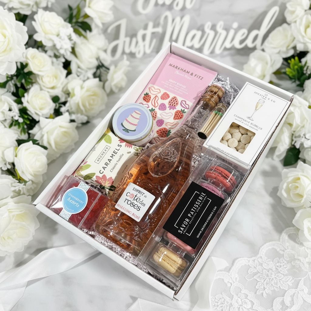 Cote de Roses sparkling rose with wedding cake candle, matches, caramels, candies, macarons & artisan chocolate bar.