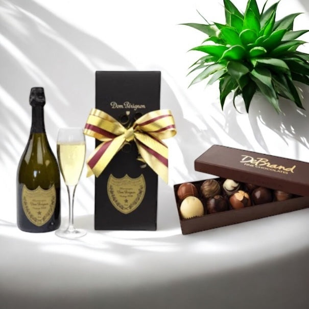 Gift box includes Dom Perignon Champagne and 12pc artisan truffles