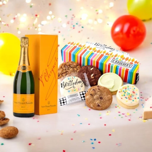 Birthday gift box including Veuve Clicquot Champagne and Happy Birthday Cookies.
