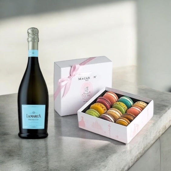 Gift box contains LaMarca Prosecco Sparkling Wine with 12pc pastel macarons that are gluten free and kosher