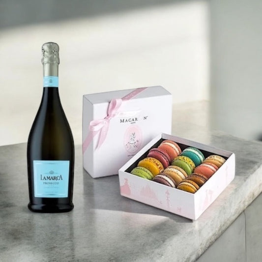 Gift box contains LaMarca Prosecco Sparkling Wine with 12pc pastel macarons that are gluten free and kosher