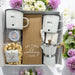 Wedding gift box filled with Mr. & Mrs. Mugs, cutting cake knife, espresso machine, wedding candle and champagne candies. Ships nationwide from NYC.