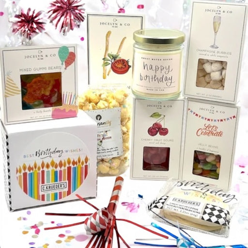 Birthday gift box filled with happy birthday candle, cookies, candies, cheese & crackers. Ships nationwide from NY.