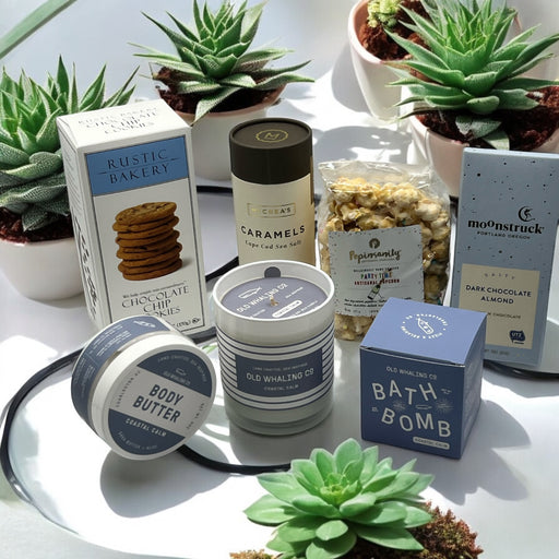 Gourmet popcorn paired with artisan chocolates and sea salt caramel, complemented by luxurious coastal spa products; all available for nationwide shipping from New York City.
