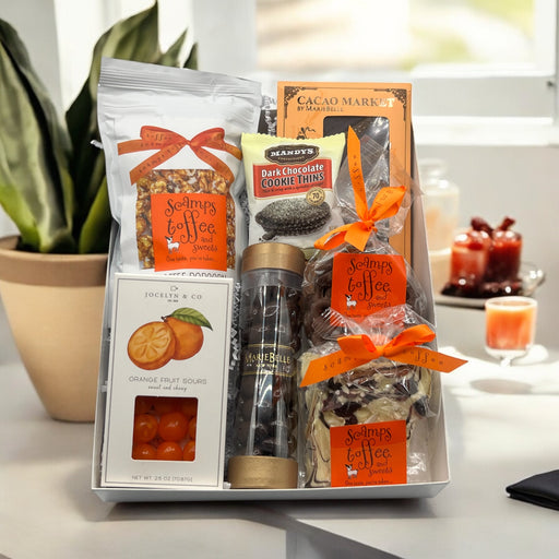 Gourmet Snack Gift Box containing artisan chocolates, cookies, candies, and popcorn shipped nationwide from NYC.