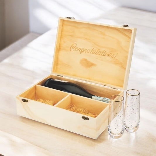 Celebrate Wood Champagne Box w/Flutes and Champagne