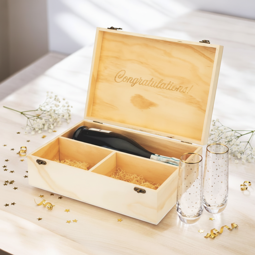 Celebrate Wood Champagne Box w/Flutes
