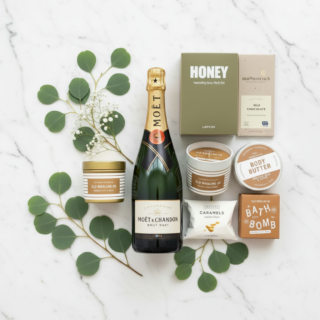 Champagne, Spa & Chocolates Gift Box - Eucalyptus + Baby's Breath
