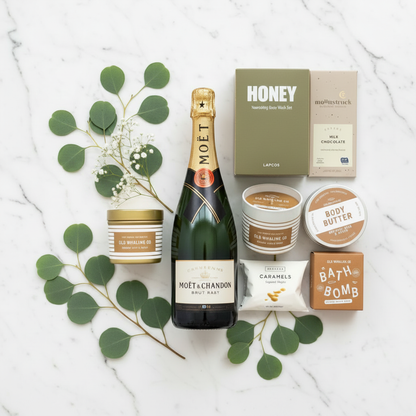 Champagne, Spa & Chocolates Gift Box - Eucalyptus + Baby's Breath