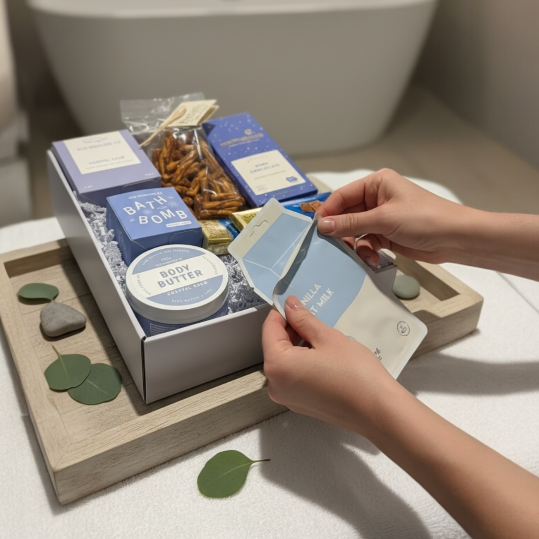 Self care gift box with Godiva chocolates, pretzels and Moonstruck chocolate bar.