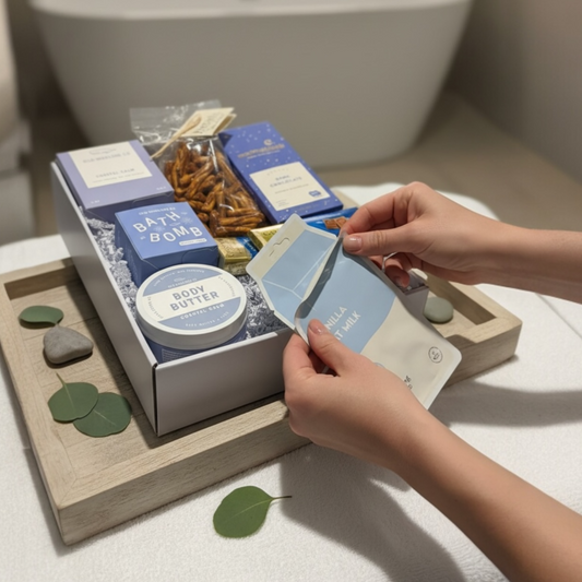 Self care gift box with Godiva chocolates, pretzels and Moonstruck chocolate bar.
