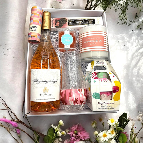 Whispering Angel Rose with candle, matches, soap, sugarfina candie & artisan chocolate bar.
