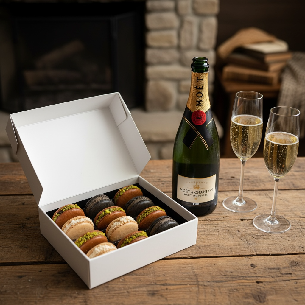 Dubai Chocolate Macarons w/Champagne & Flutes