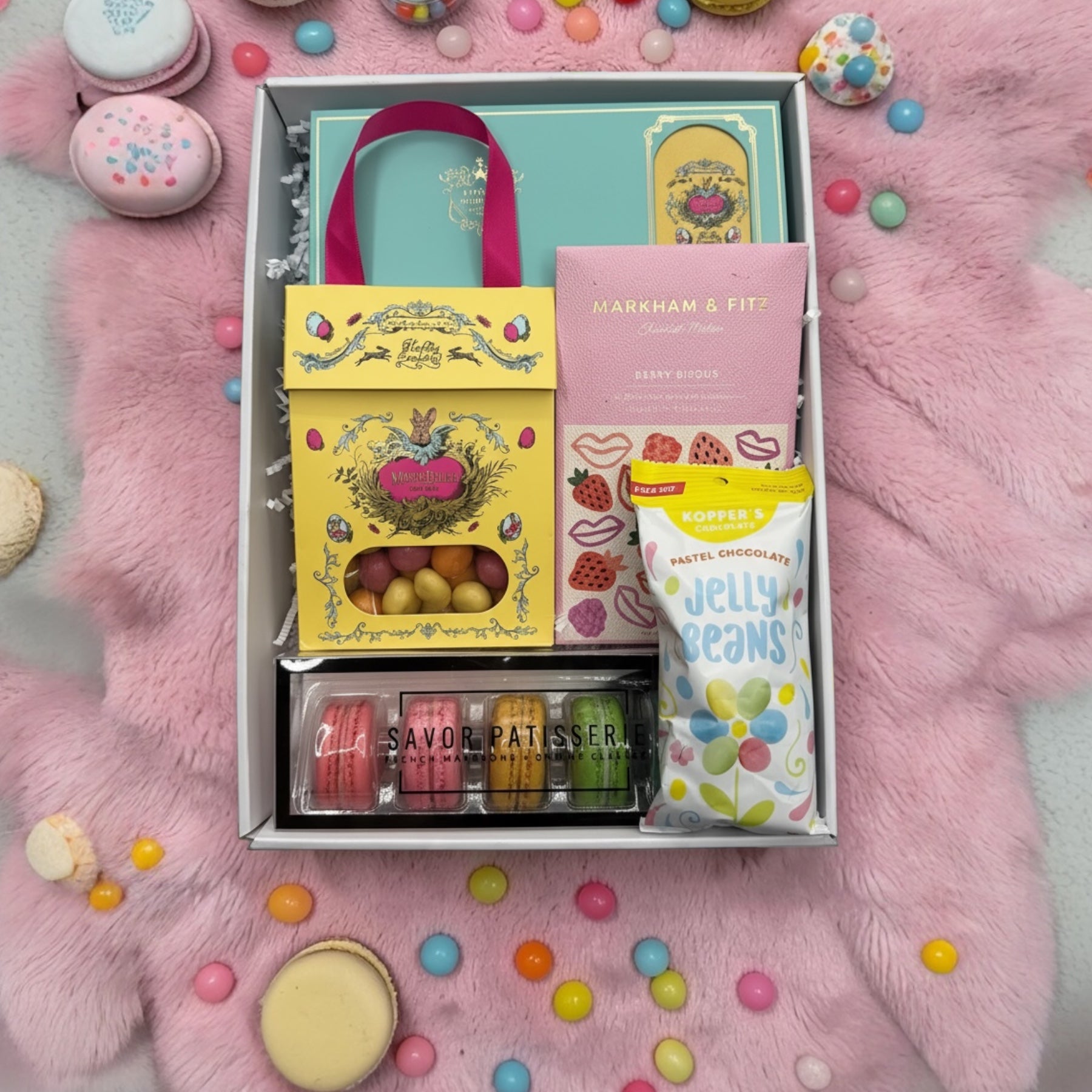 Gift box with 6pc pastel macarons, jelly beans, sour candies, chocolate artisan bar.