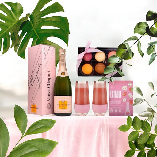 Gift  box containing Veuve Cliquot Rose 750m, 6 pastel macarons, popcorn and 2 cooling cups.