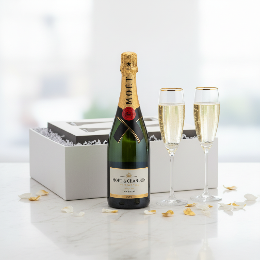A bottle of Moët & Chandon Champagne Brut with two filled champagne flutes and a white gift box, arranged on a light marble surface with scattered flower petals.