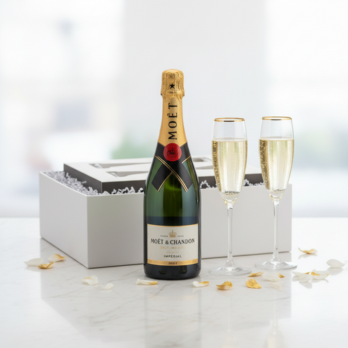 A bottle of Moët & Chandon Champagne Brut with two filled champagne flutes and a white gift box, arranged on a light marble surface with scattered flower petals.