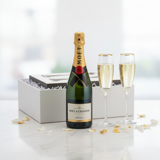 A bottle of Moët & Chandon Champagne Brut with two filled champagne flutes and a white gift box, arranged on a light marble surface with scattered flower petals.