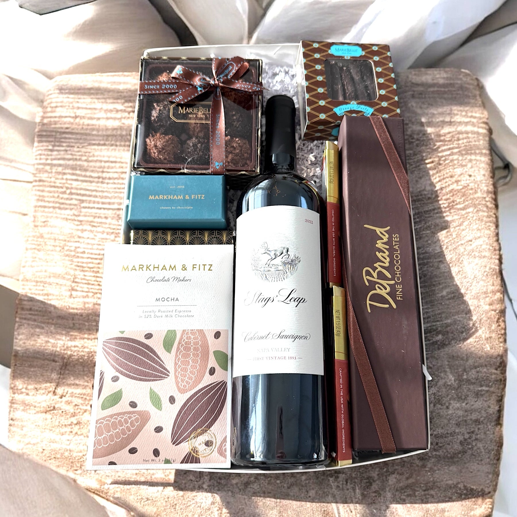 Mocha gift basket with fine chocolates and premium snacks