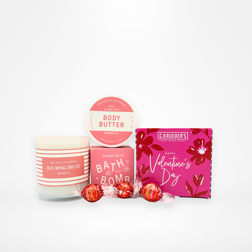Valentine's Day Gift box filled with cookies and bath products.
