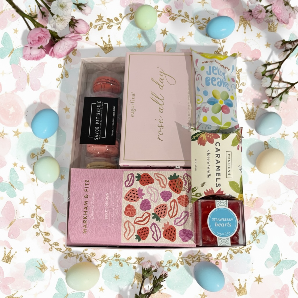 Gift box filled with rose all day candies, jelly beans, caramels, sugarfina candies and artisan chocolate bar.