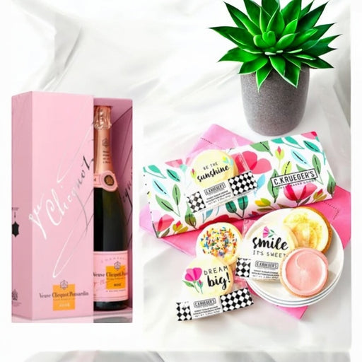 Gift box containing Veuve Rose Champagne and spring cookies.
